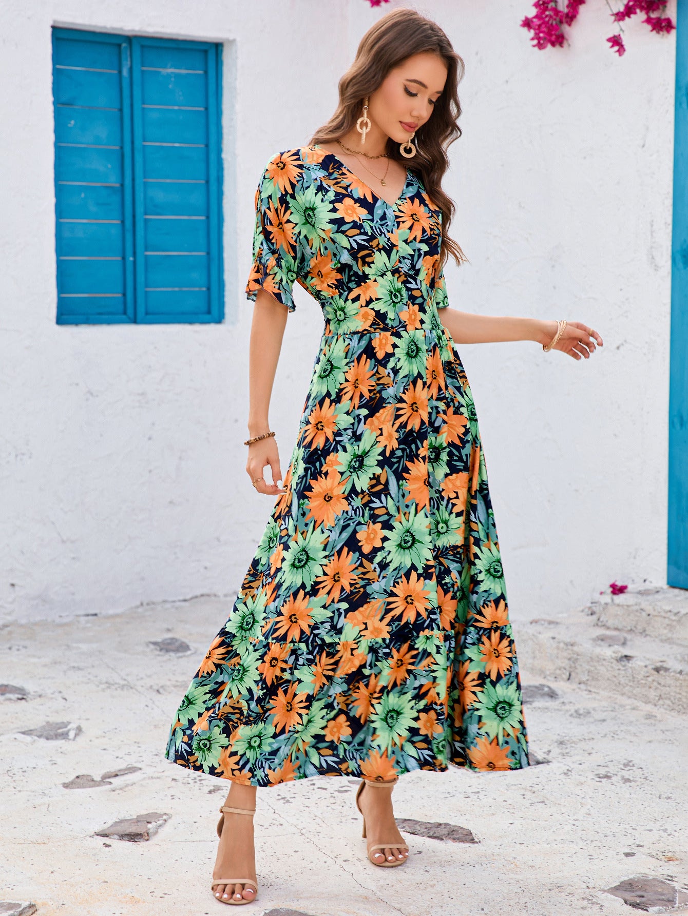 Ruffled V-Neck Short Sleeve Maxi in - by Malbusaat