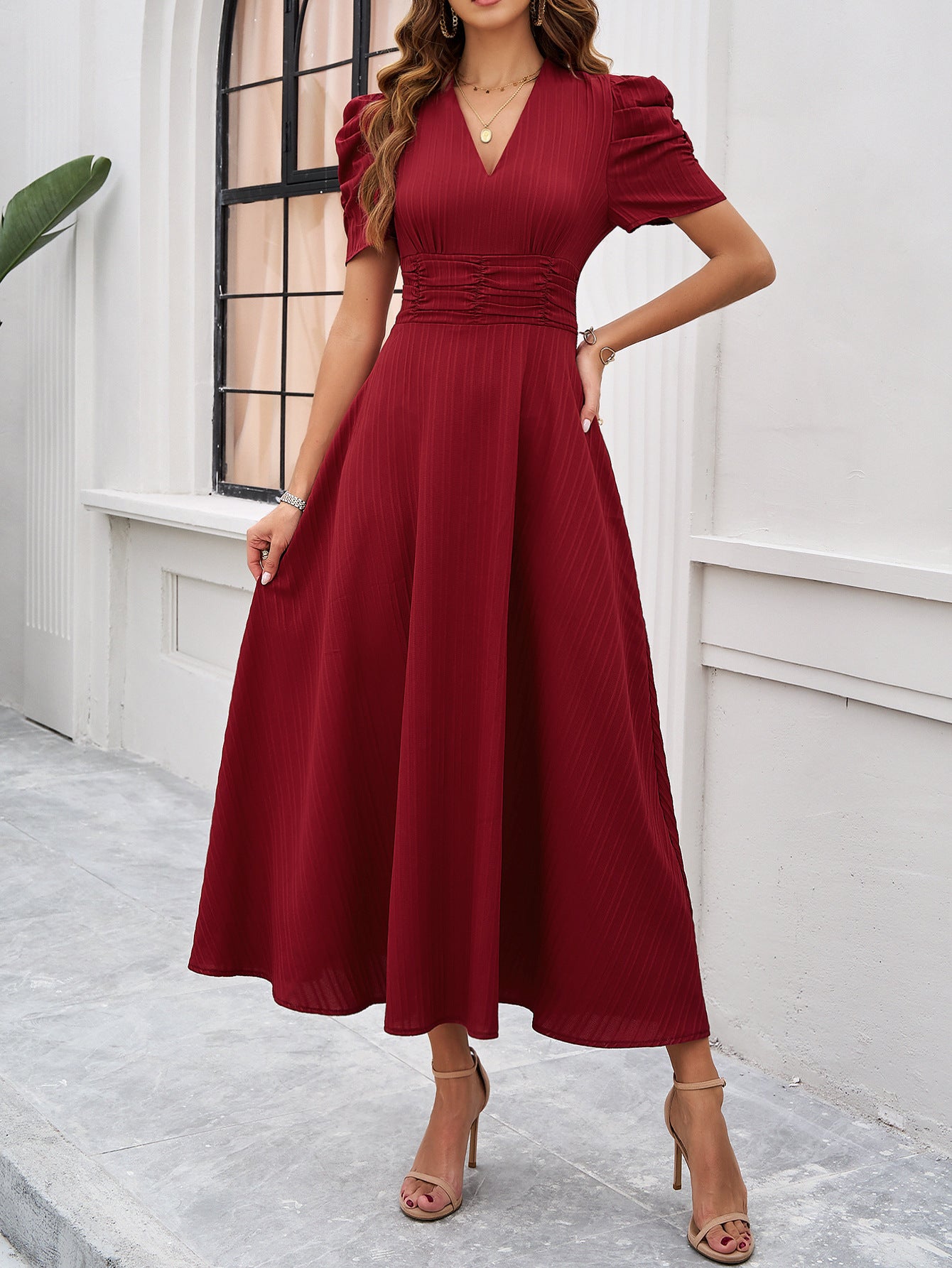 V Neck Short Sleeve High Waist Maxi in - by Malbusaat