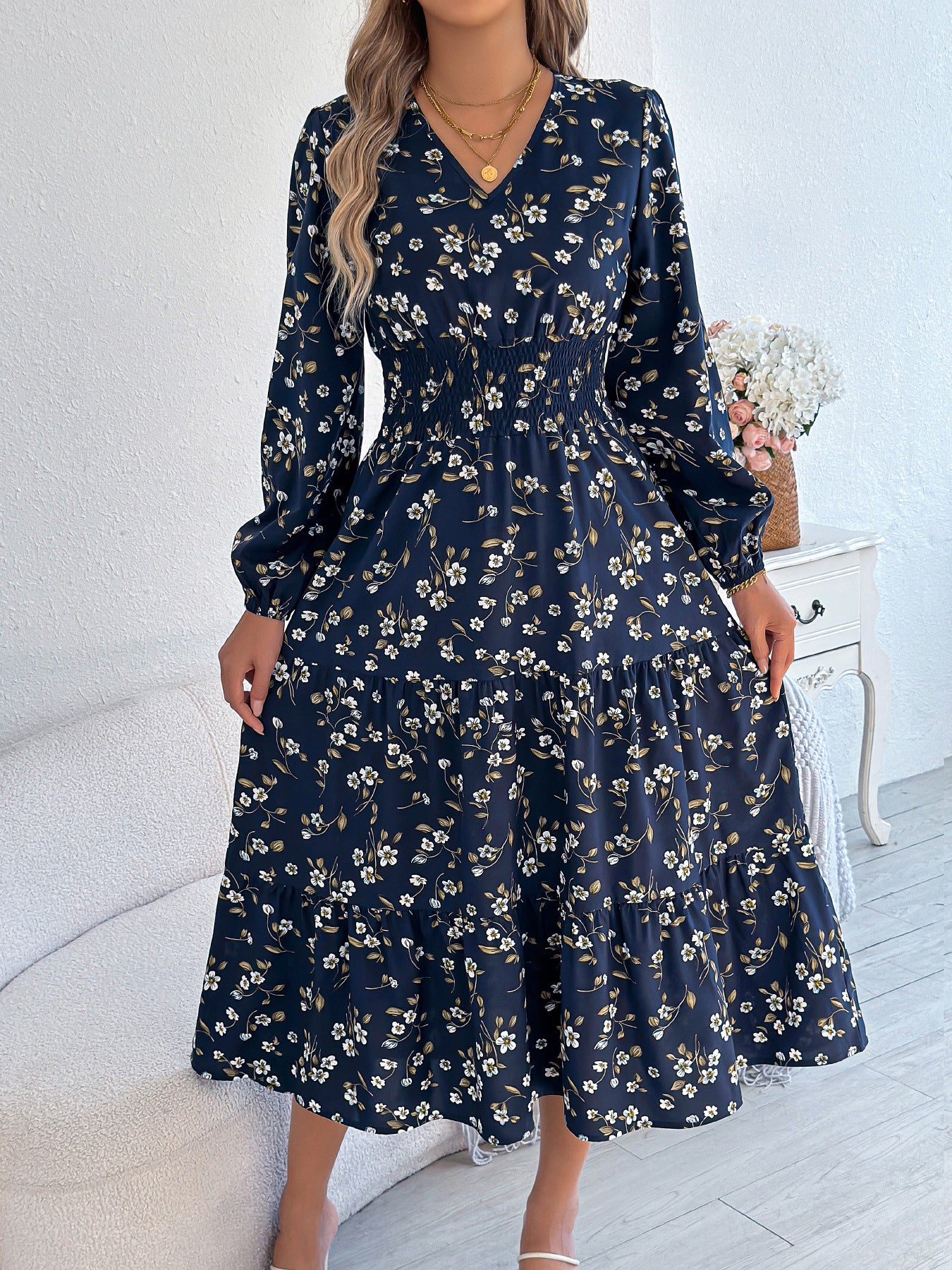 Floral V-Neck Long Sleeve Midi Dress in - by Malbusaat