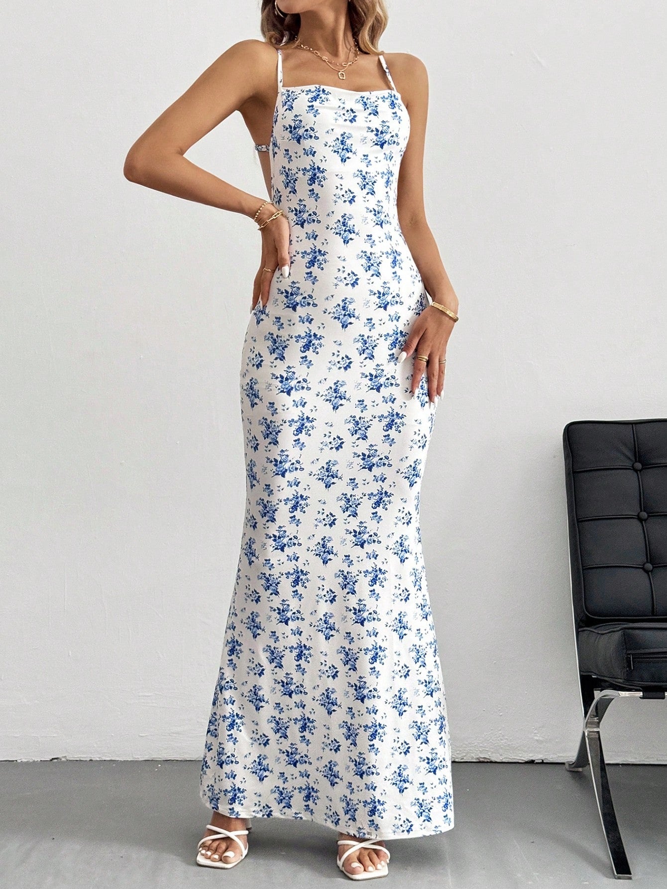 Floral Halter Backless Bodycon Maxi