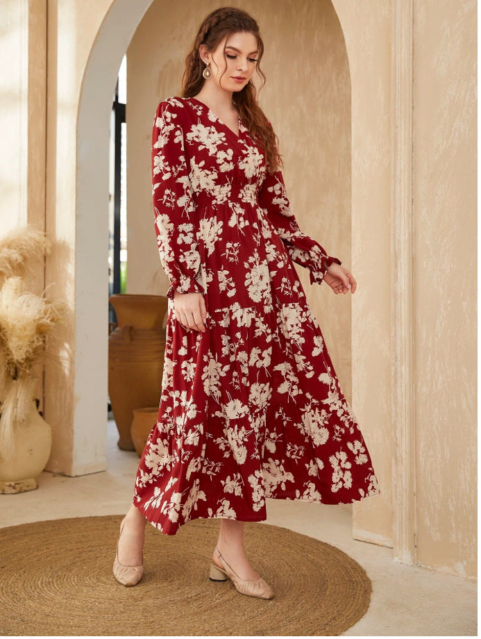 Floral V-Neck Long Sleeve Smocked Tiered Maxi in - by Malbusaat