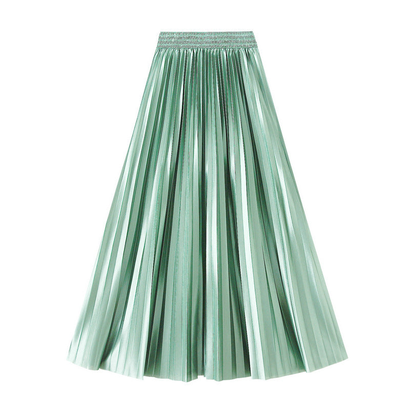 Glossy High-Waist Pleated A-Line Skirt in One Size Mint - by Malbusaat