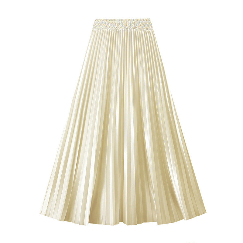 Glossy High-Waist Pleated A-Line Skirt in One Size Apricot - by Malbusaat