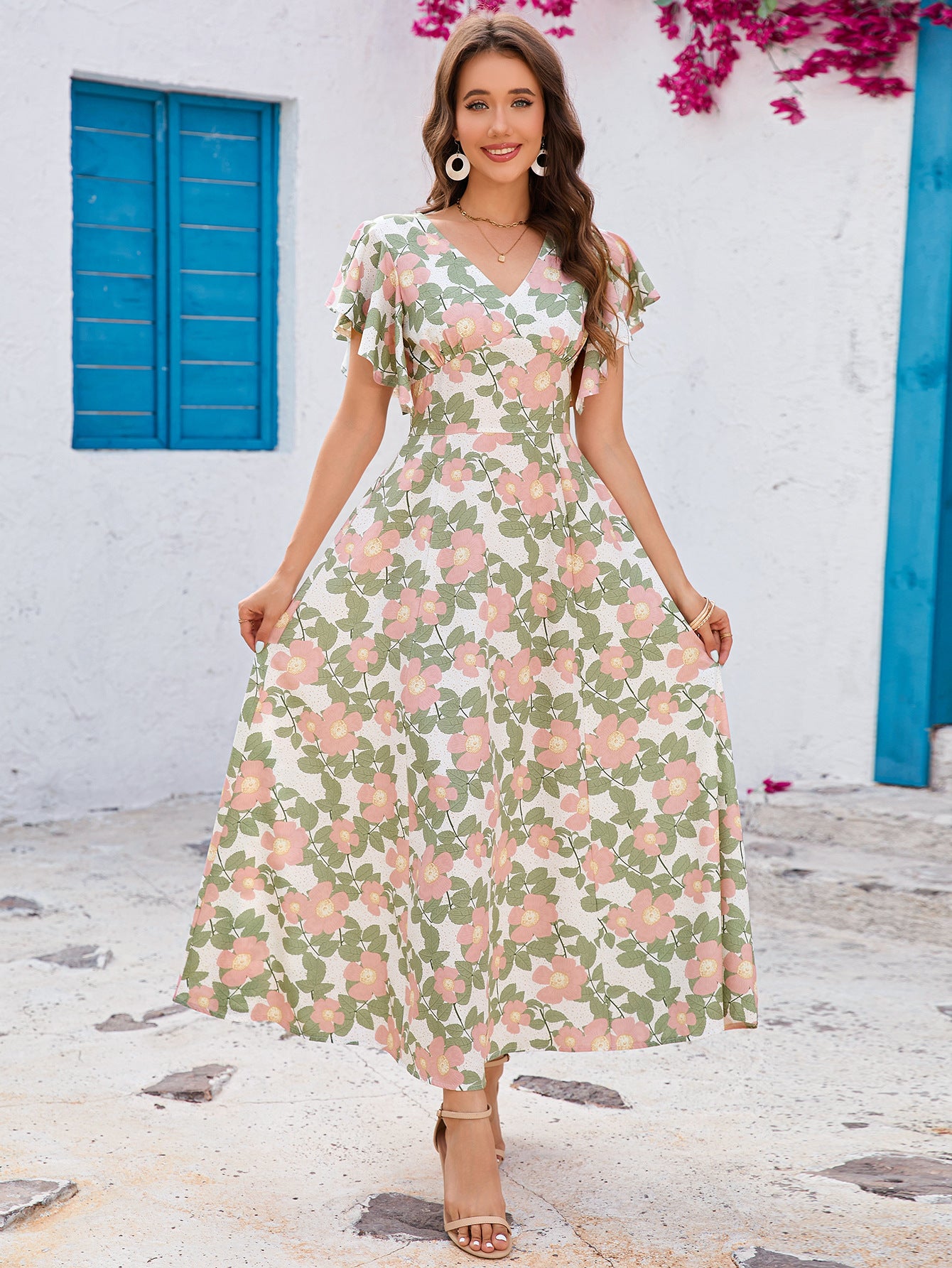Ruffled V-Neck Short Sleeve Maxi in - by Malbusaat