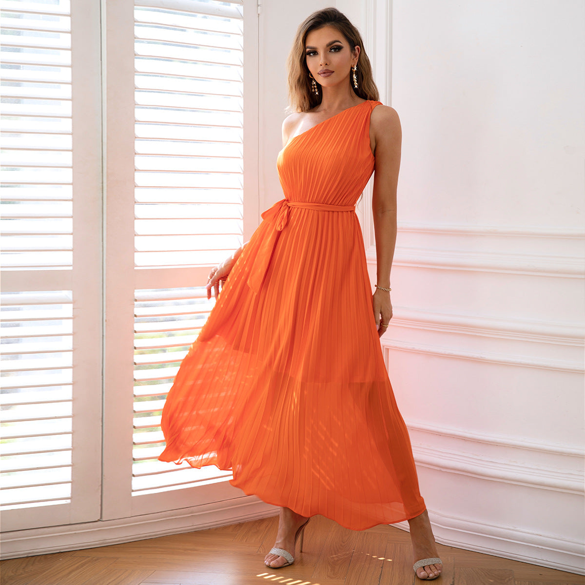 Elegant One-Shoulder Pleated Waist Maxi in - Maxi Dress, Dresses by Malbusaat