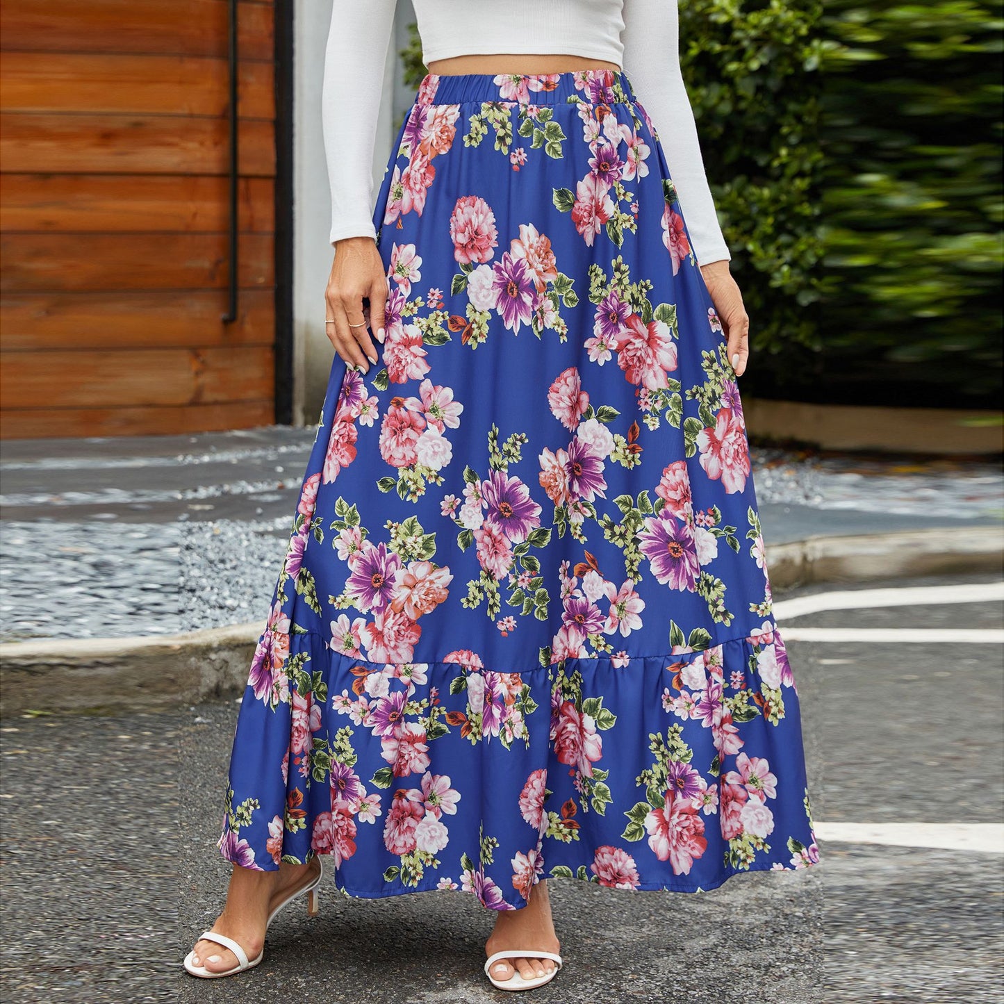 Retro Floral Ruffled Swing Skirt