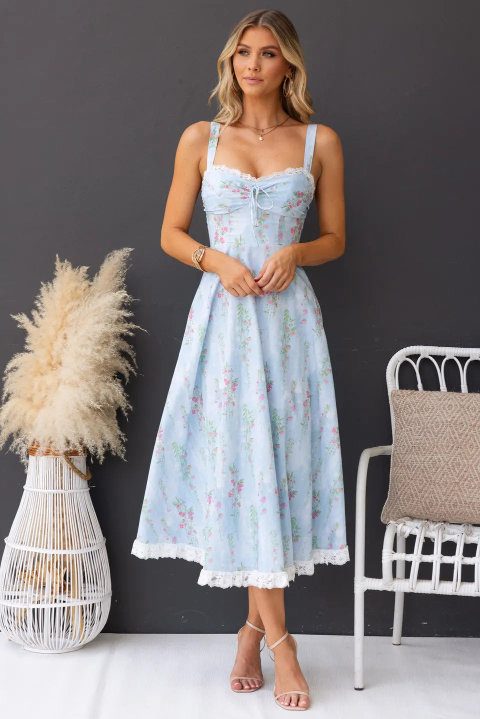 Slim Floral Print Lace Spaghetti Strap Dress in Light Blue - by Malbusaat