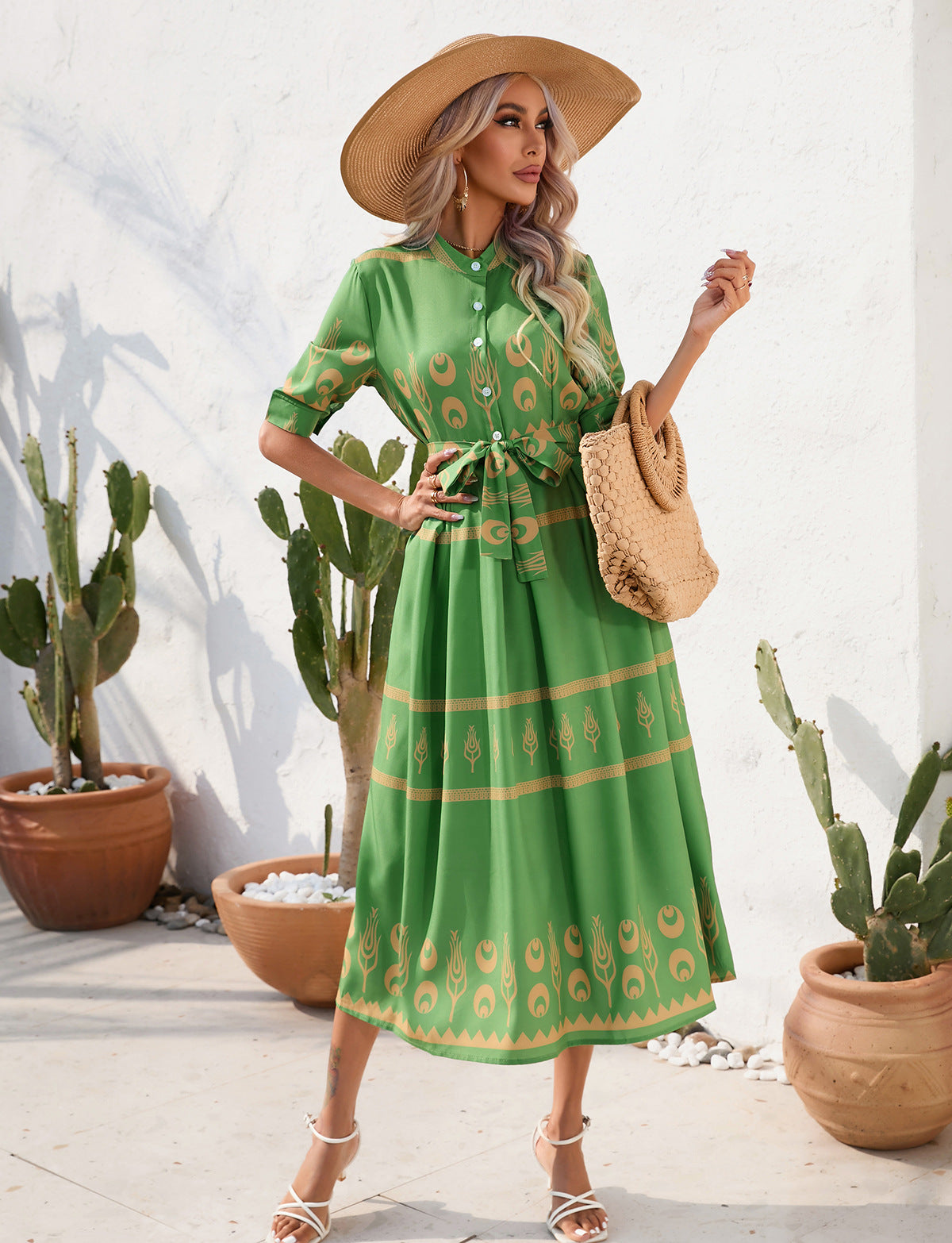 Printed Half Sleeve Maxi Dress in - by Malbusaat