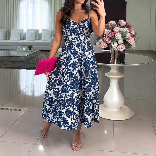Printed V-Neck Sling Maxi Dress in - by Malbusaat