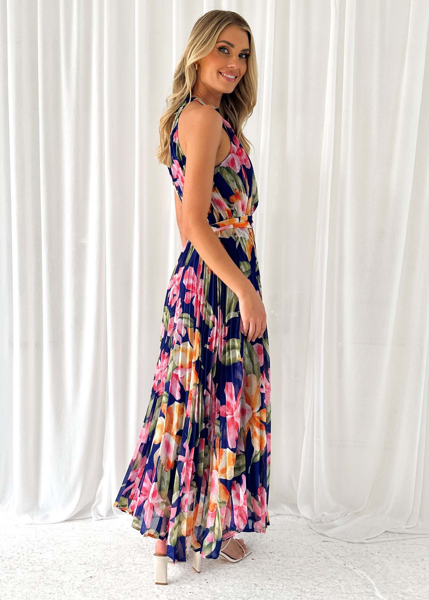 Floral Mock Neck Belted A-Line Maxi in - by Malbusaat