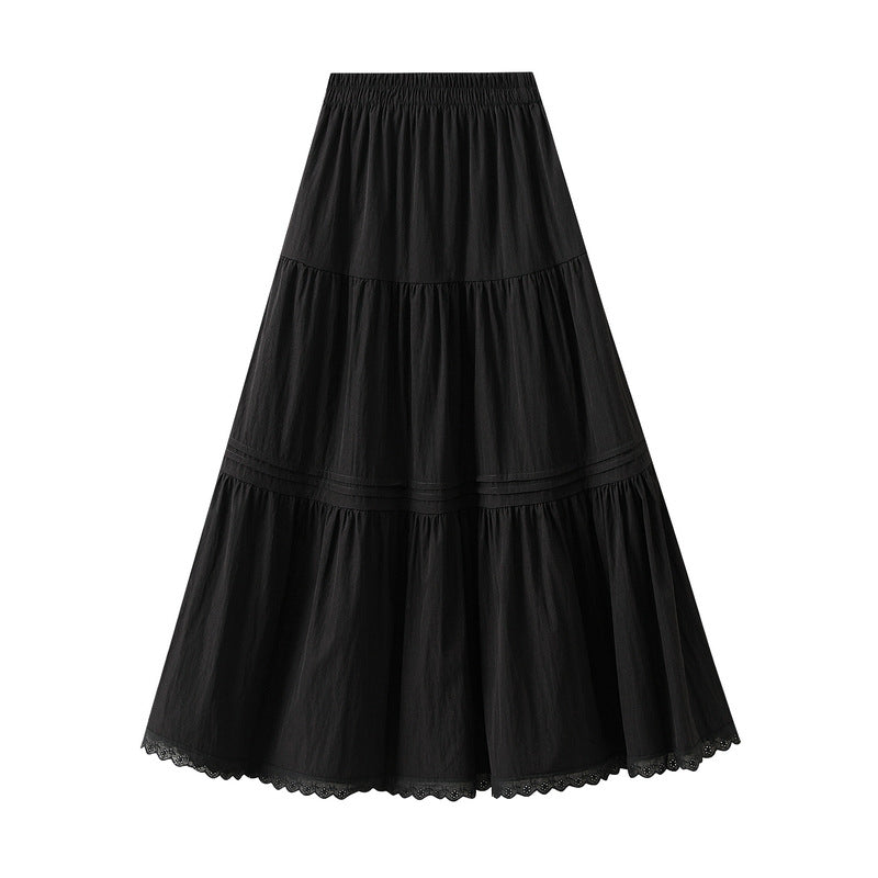 Patchwork Lace Sweet A-line Maxi Skirt in One Size Black - by Malbusaat