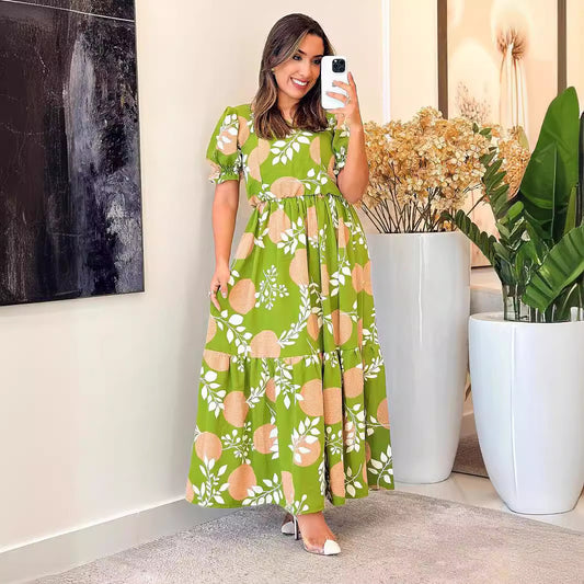 Elegant Printed Maxi Dress with Square Collar & Puff Sleeves in - by Malbusaat