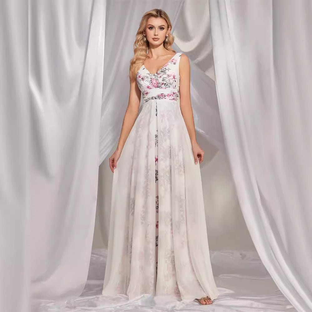 Elegant White Chiffon V-Neck Maxi in - by Malbusaat