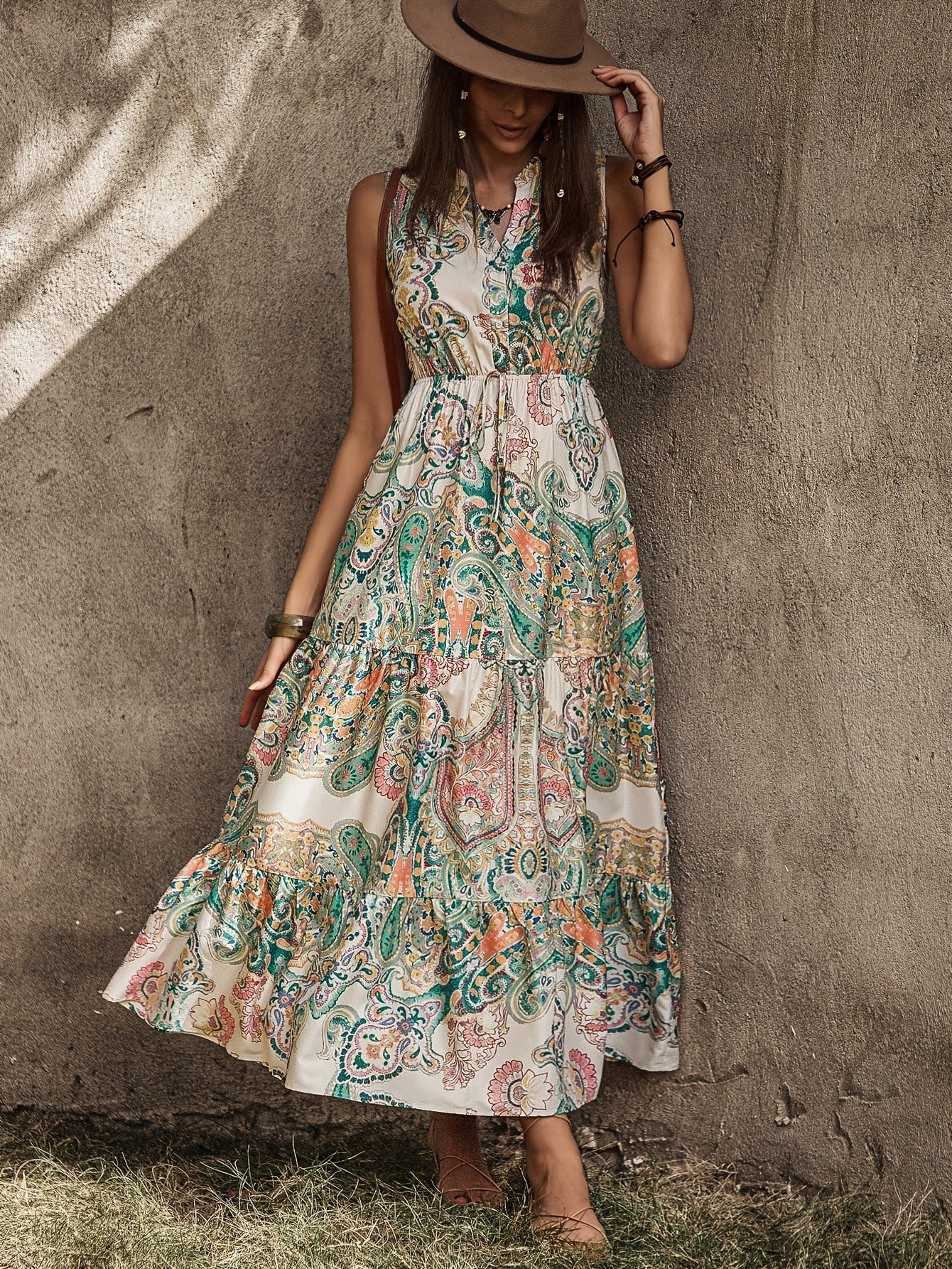 Sleeveless Floral Ruffle Maxi Dress in - by Malbusaat