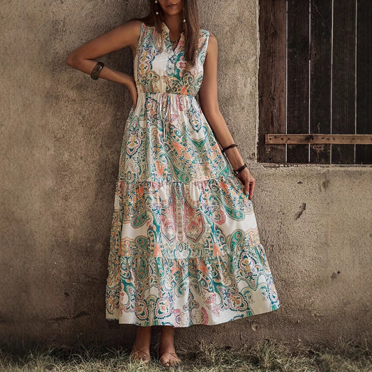 Sleeveless Floral Ruffle Maxi Dress in - by Malbusaat