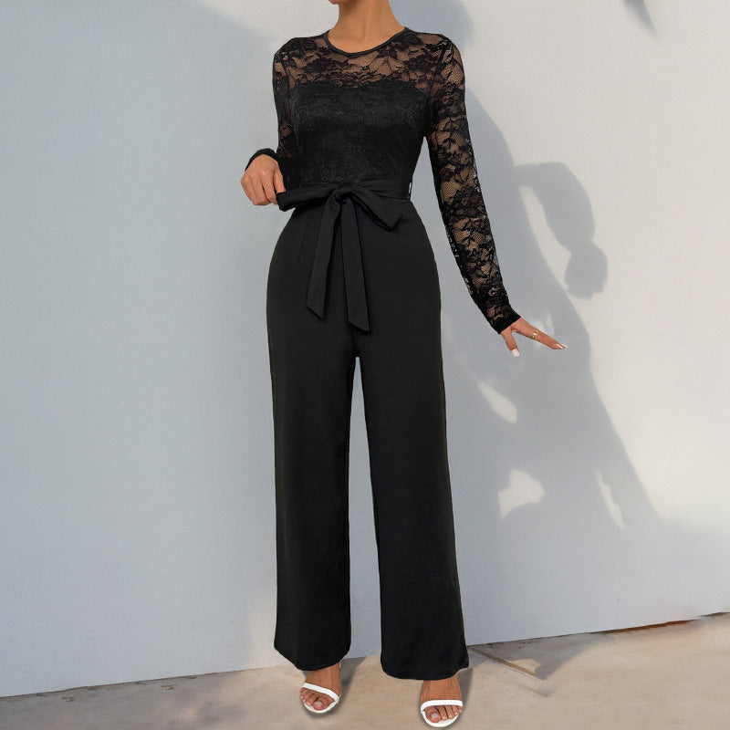 Elegant Lace Stitching Belted Jumpsuit in - by Malbusaat