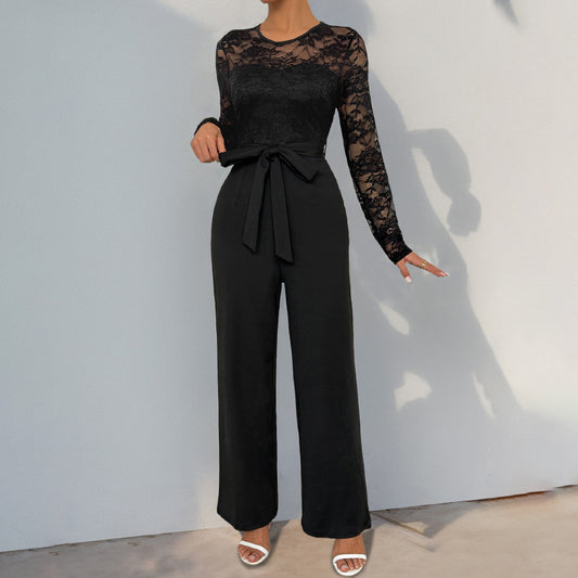 Elegant Lace Stitching Belted Jumpsuit in - by Malbusaat