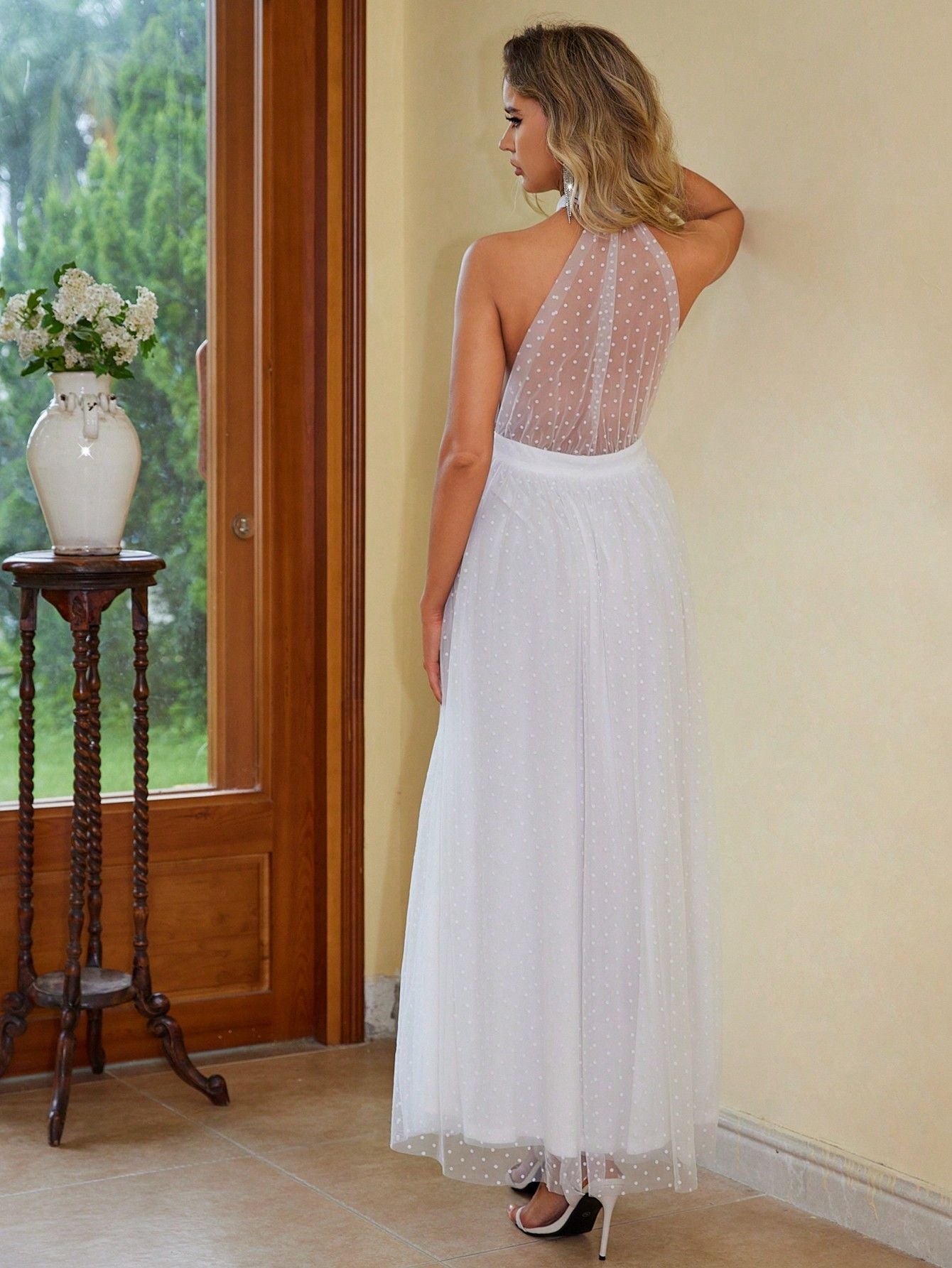 Elegant White Halter Mesh Maxi in - by Malbusaat
