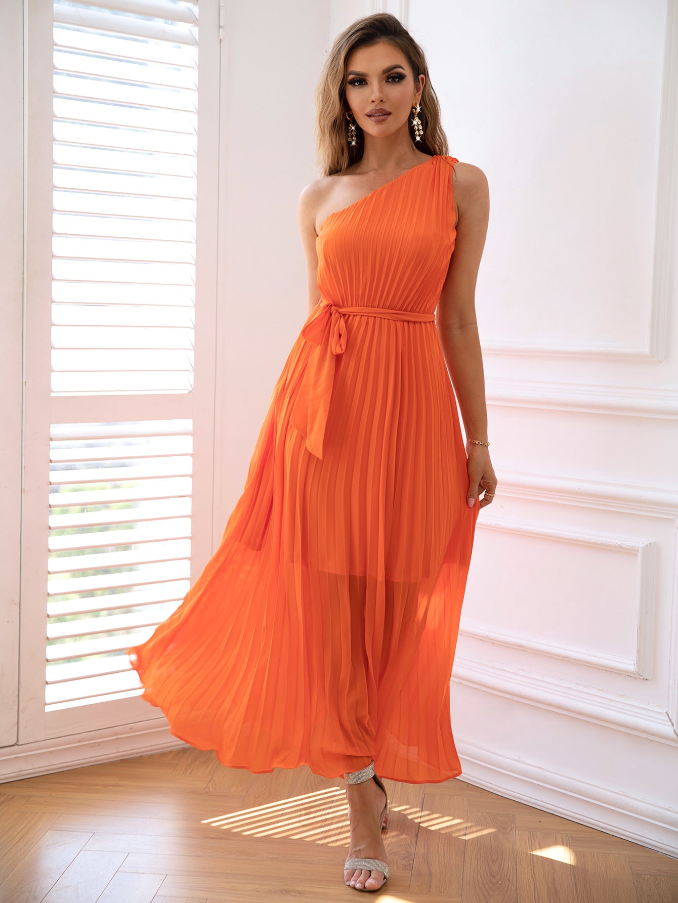 Elegant One-Shoulder Pleated Waist Maxi in - Maxi Dress, Dresses by Malbusaat