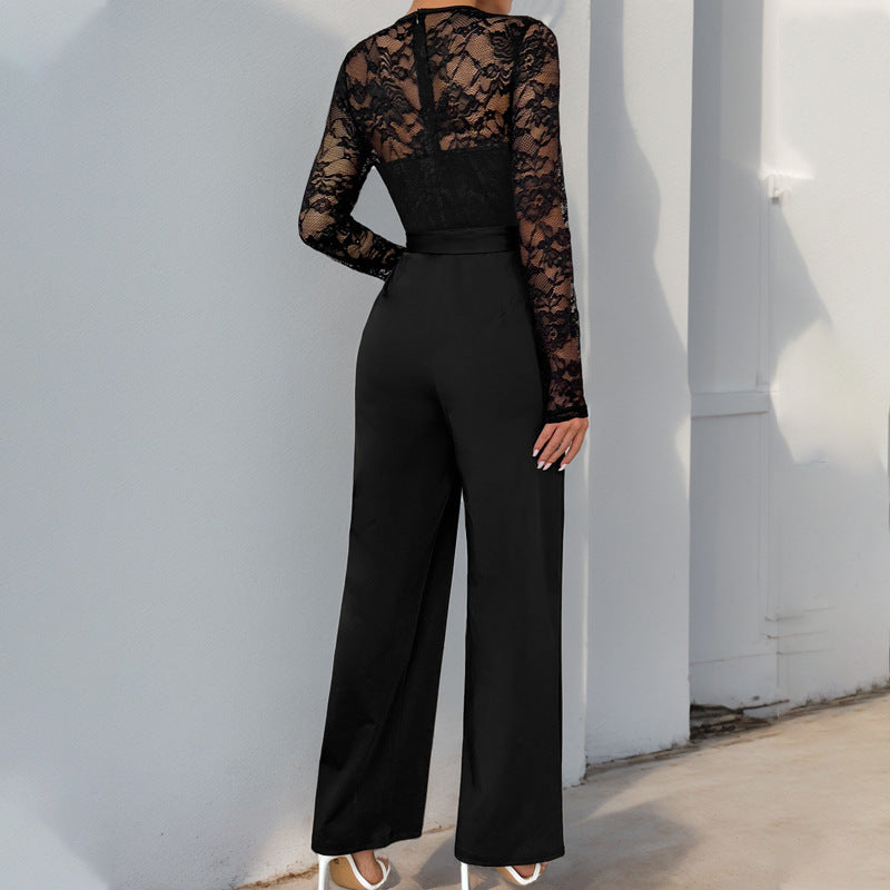 Elegant Lace Stitching Belted Jumpsuit in - by Malbusaat