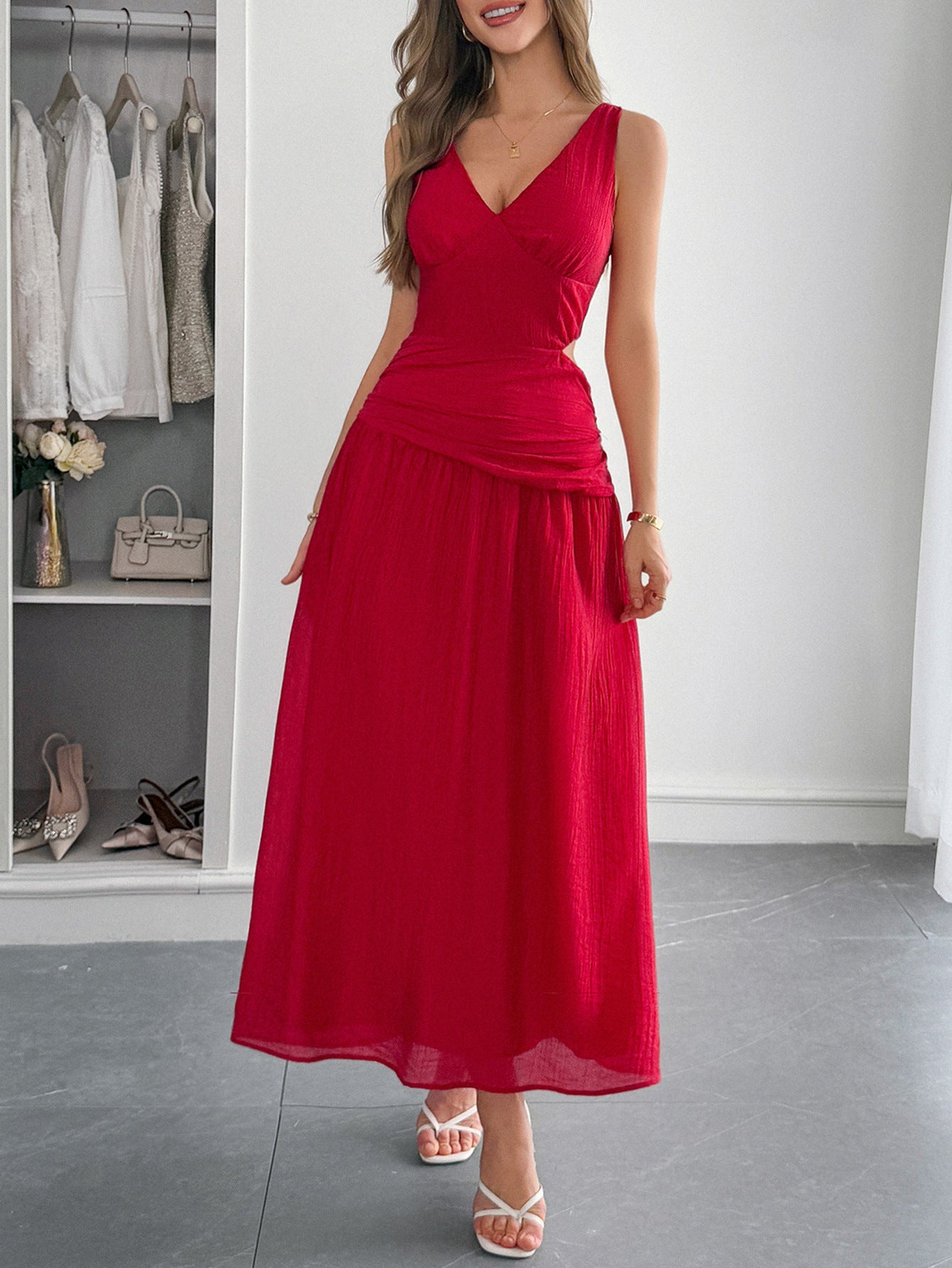 Deep V Solid Maxi Cutout Dress
