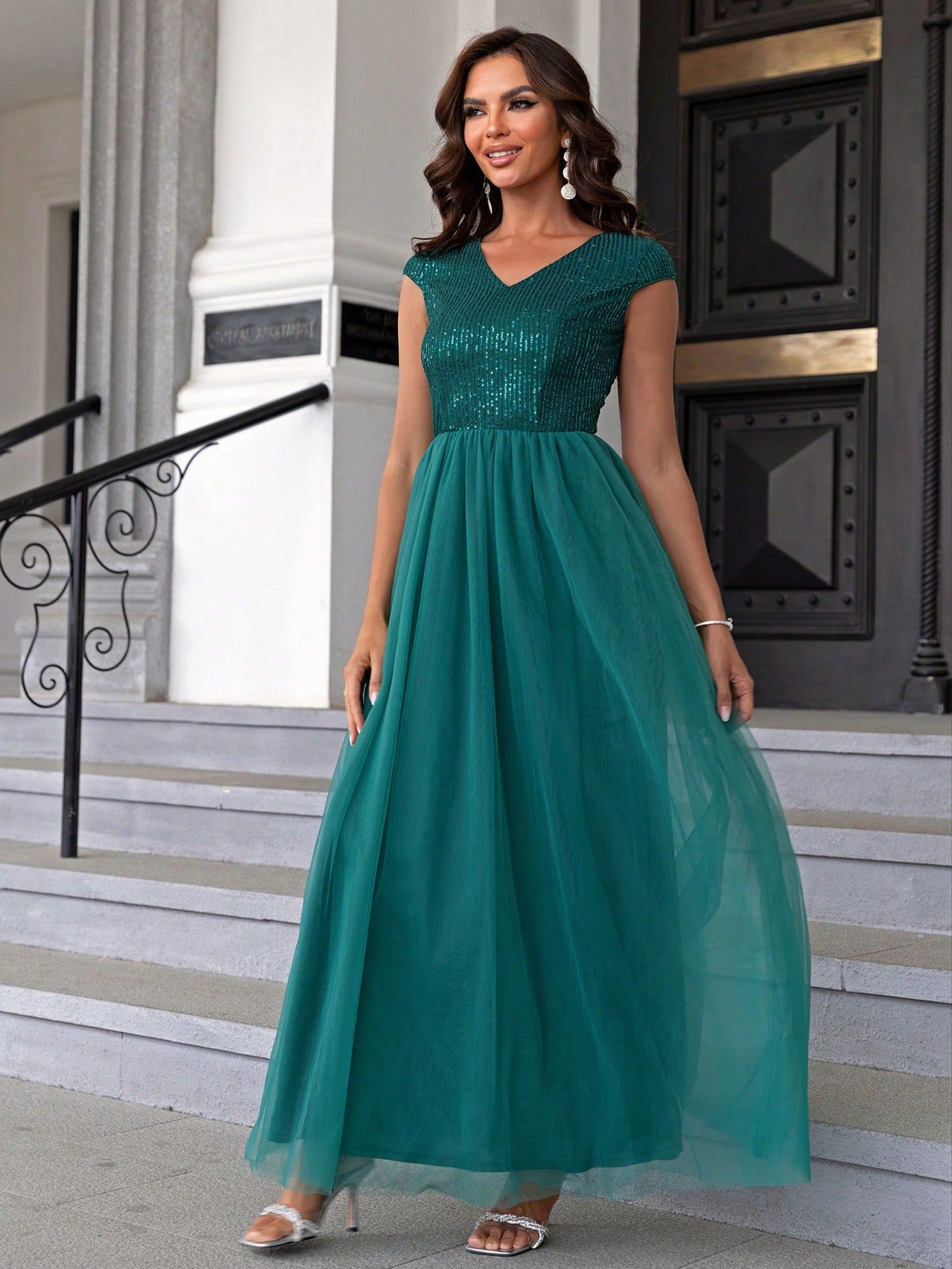Dark Green Sequin Mesh Maxi in - by Malbusaat