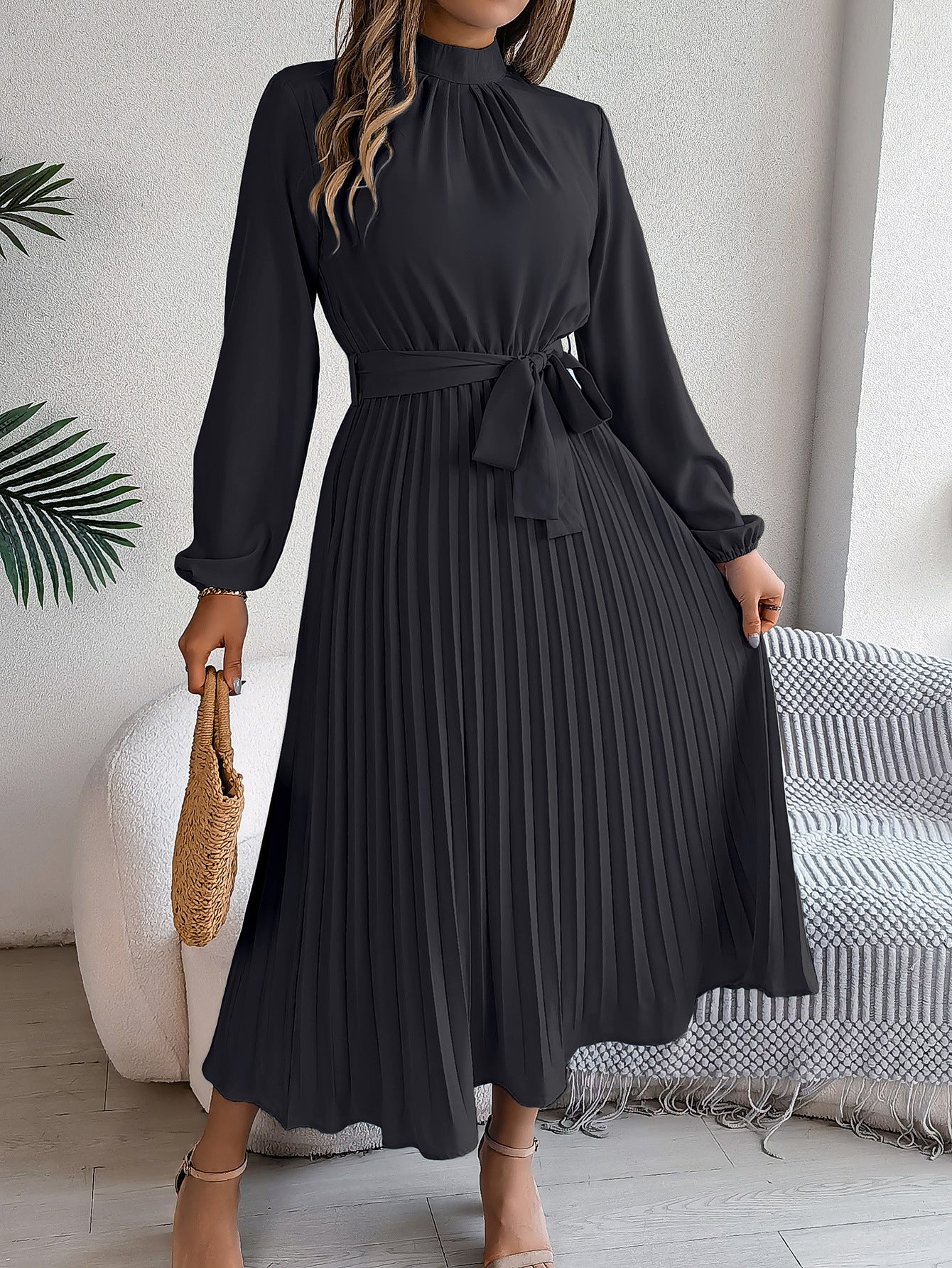 Elegant Stand Collar Pleated Maxi in Black - by Malbusaat