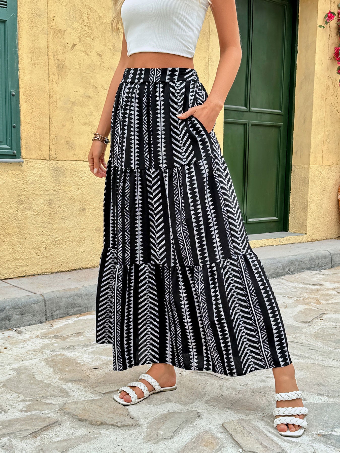 Geometric Abstract Tiered Maxi Skirt in - by Malbusaat