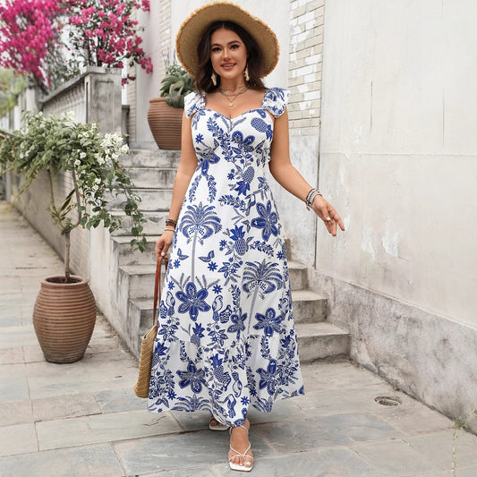 Plus Size Printed Waist Trimming Spaghetti Strap Dress in - by Malbusaat