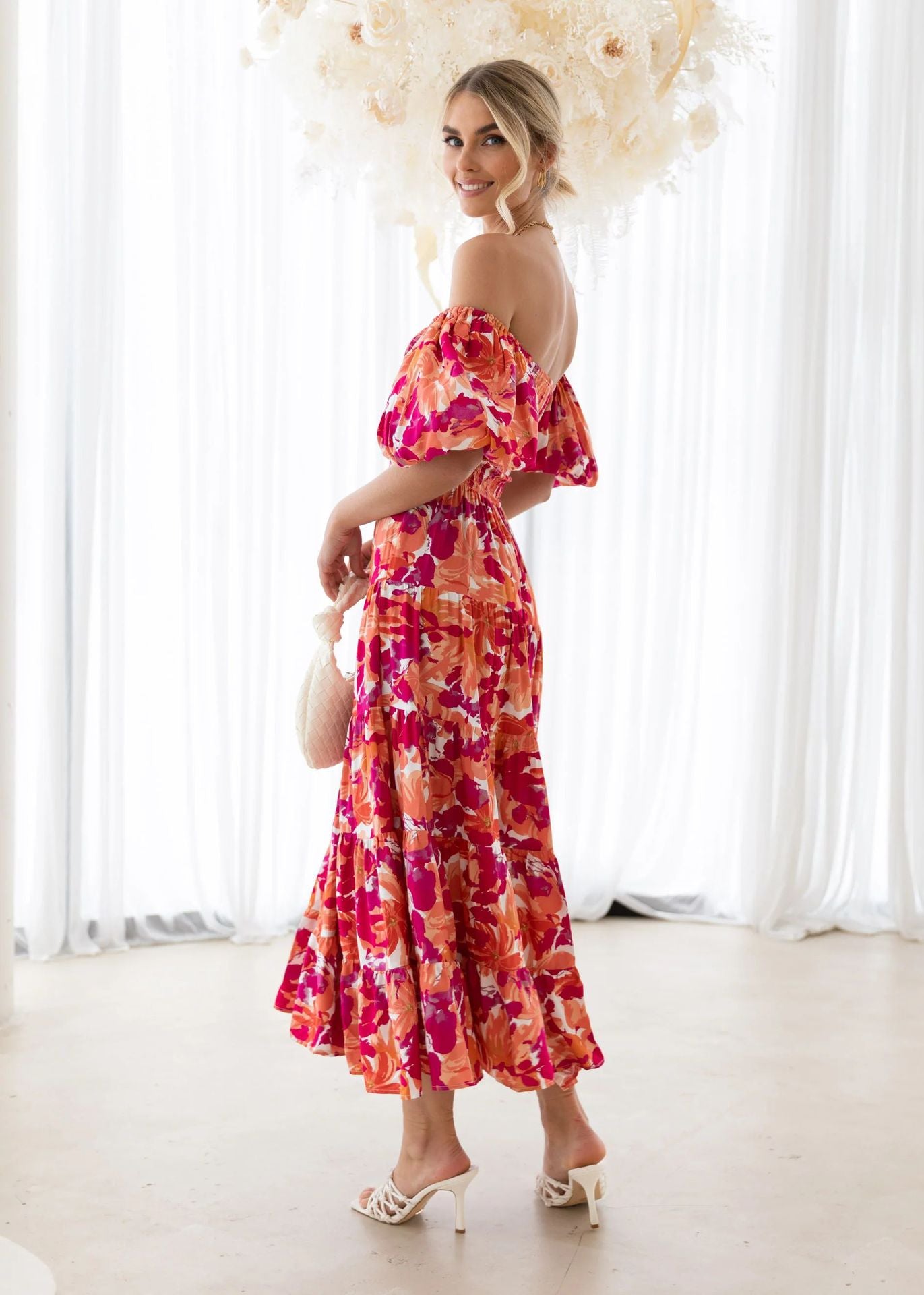 Printed Off-Shoulder Puff Sleeve Maxi in - by Malbusaat