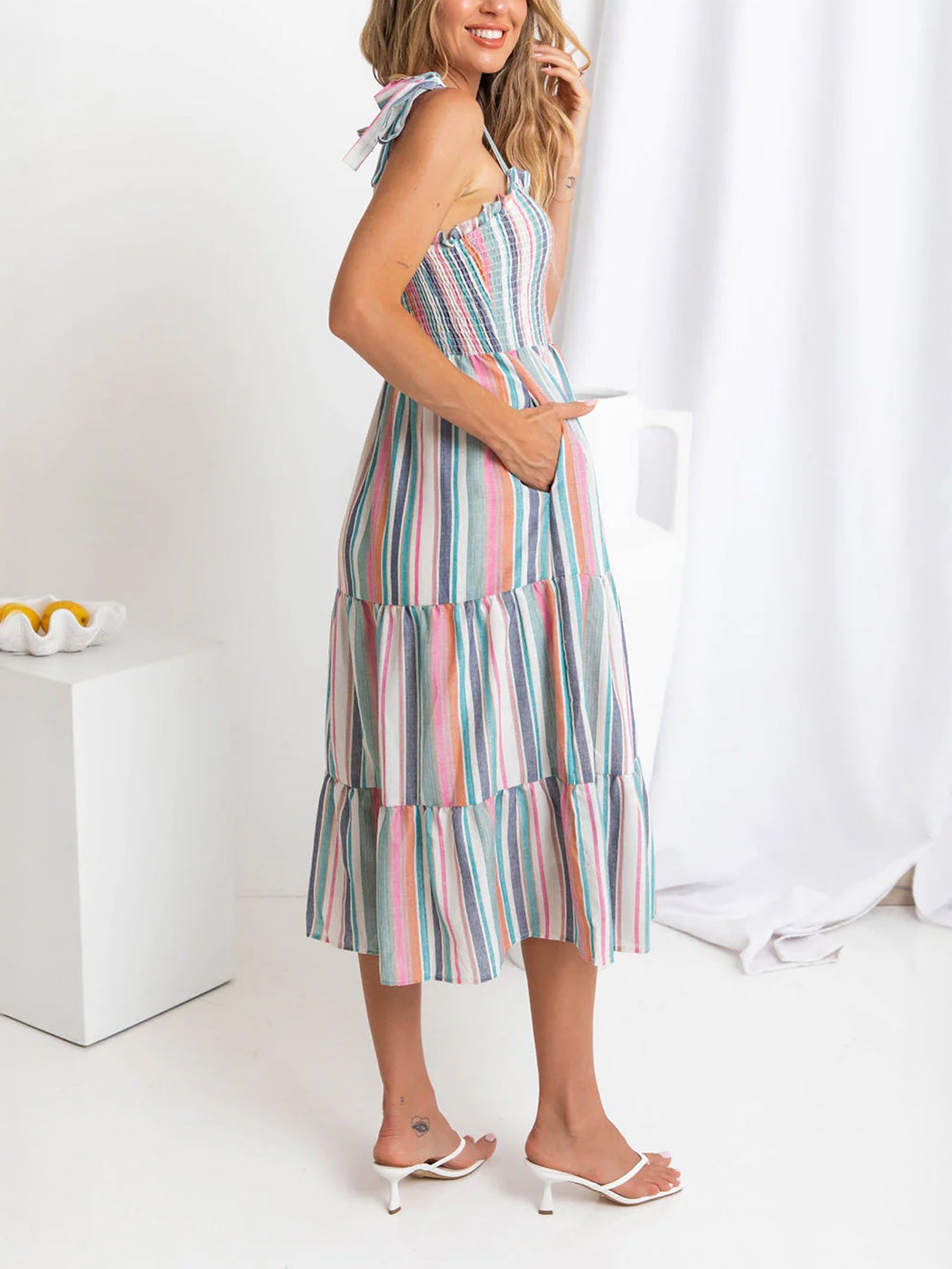 Rainbow Striped Spaghetti Strap Dress in - by Malbusaat