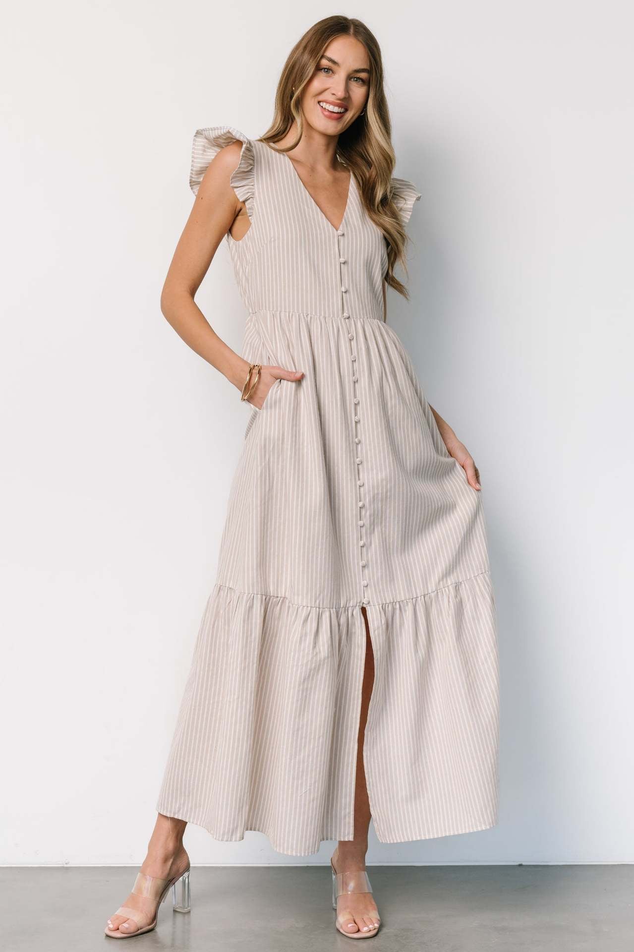 Striped V-Neck Shirt Maxi in Ivory - by Malbusaat