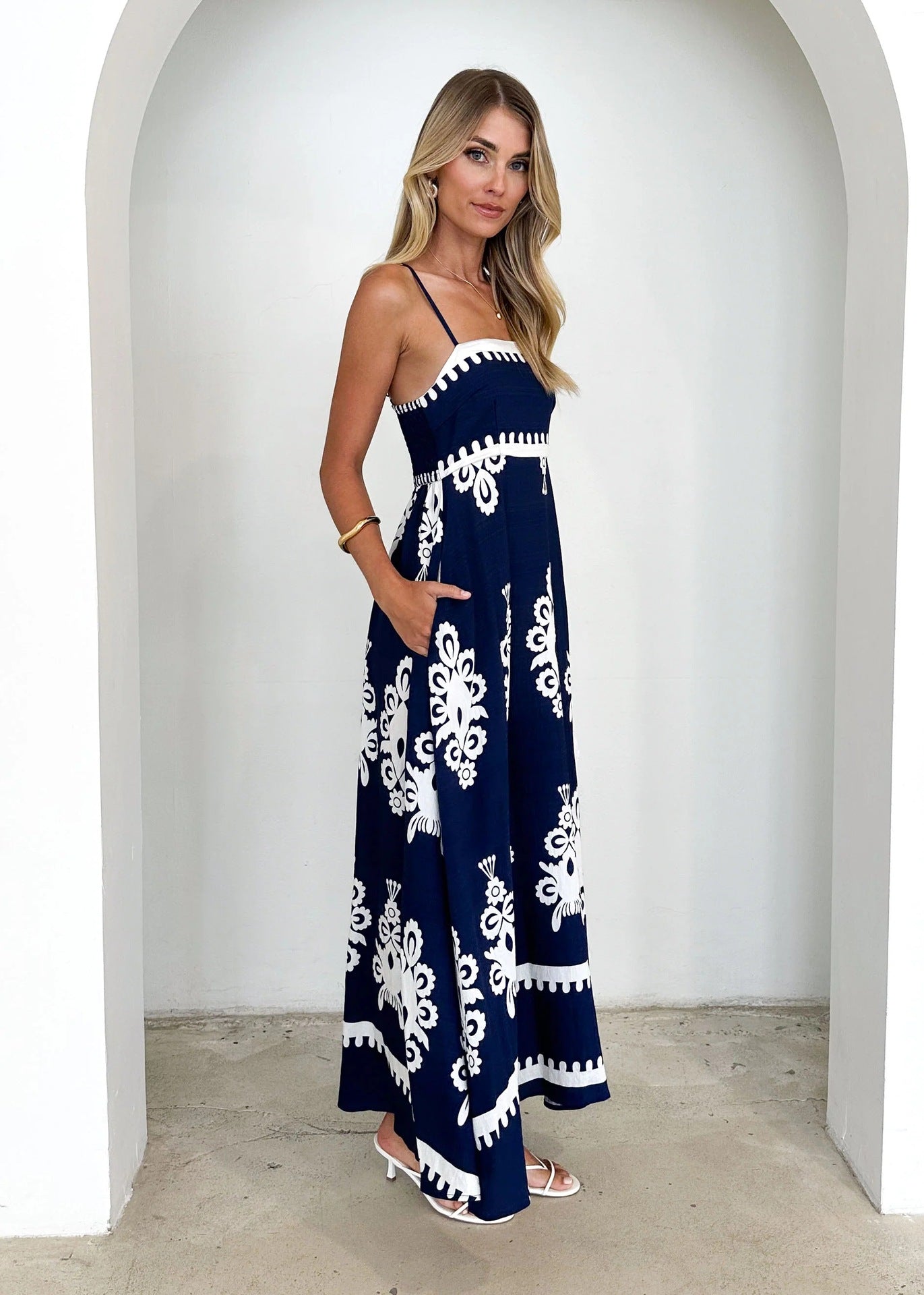 Graphic Print Smocked Cami Swing Maxi in - by Malbusaat