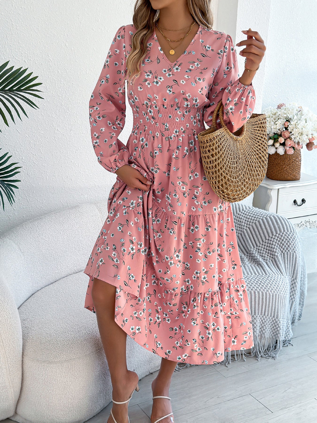 Floral V-Neck Long Sleeve Midi Dress in - by Malbusaat