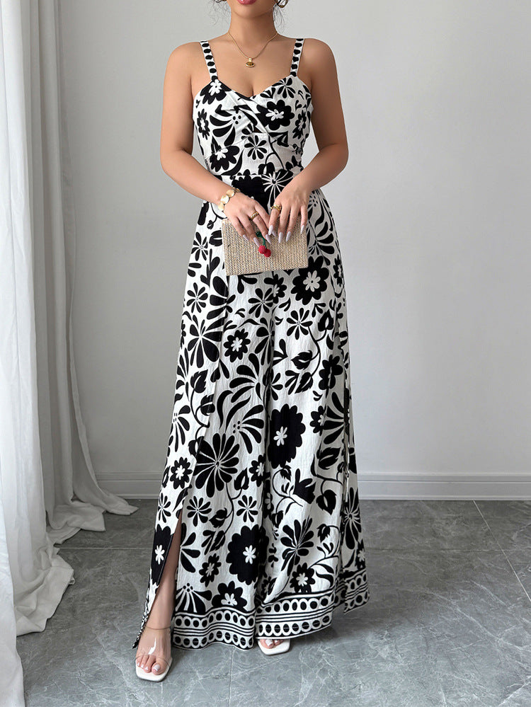 Elegant Printed Sleeveless V Neck Dress