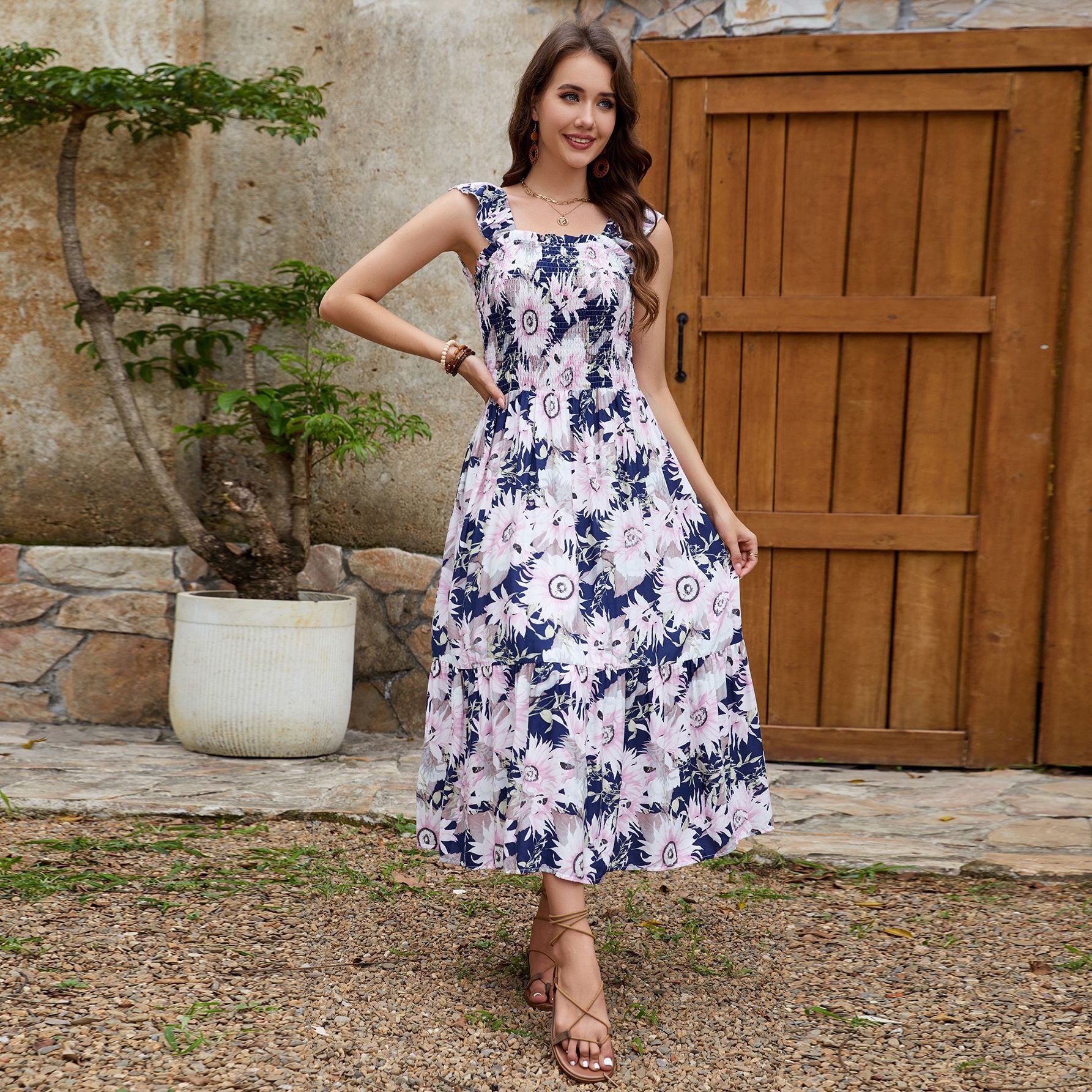 Floral Ruffle Sleeve Square Neck Midi Dress in Multi - by Malbusaat
