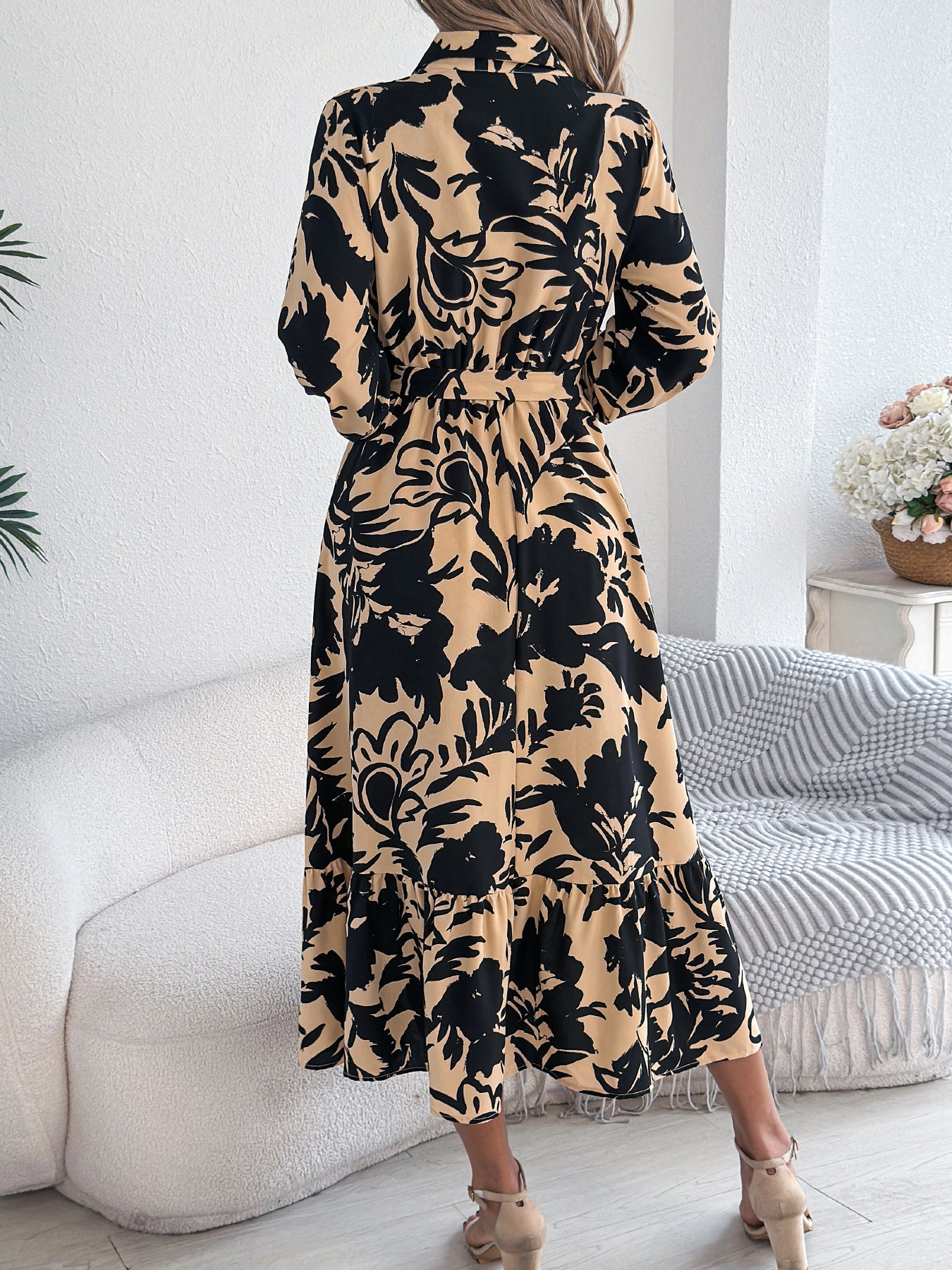 Elegant Floral Long Sleeve Shirt Dress