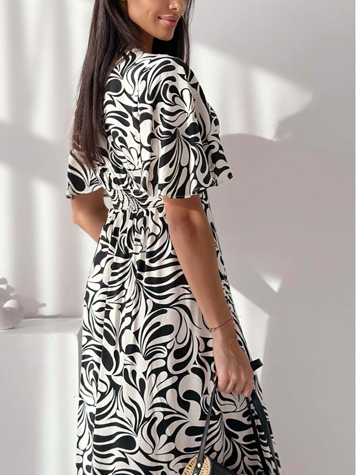Printed V-Neck Midi Summer Dress in - by Malbusaat