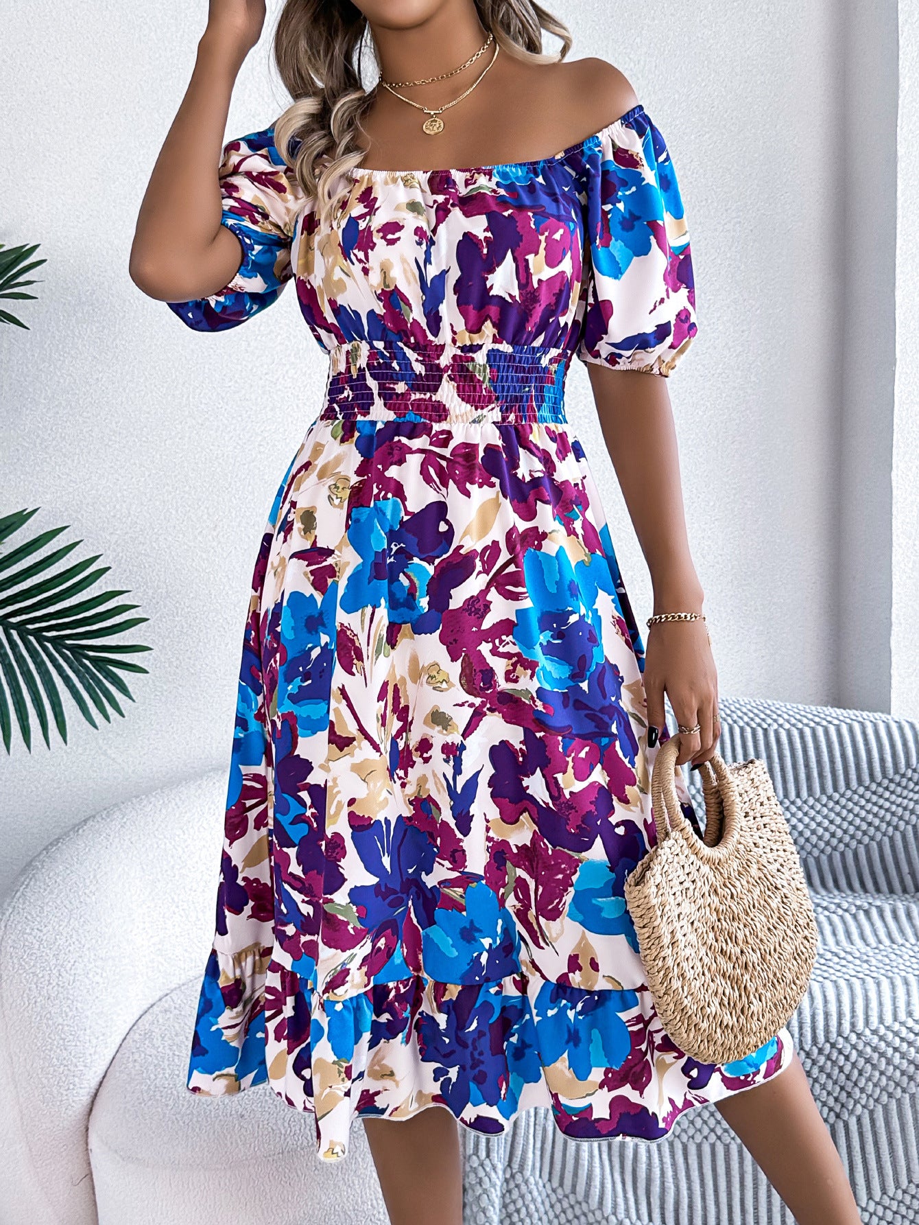 Floral Square Neck Smocked Ruffle Midi A-Line Dress in - by Malbusaat