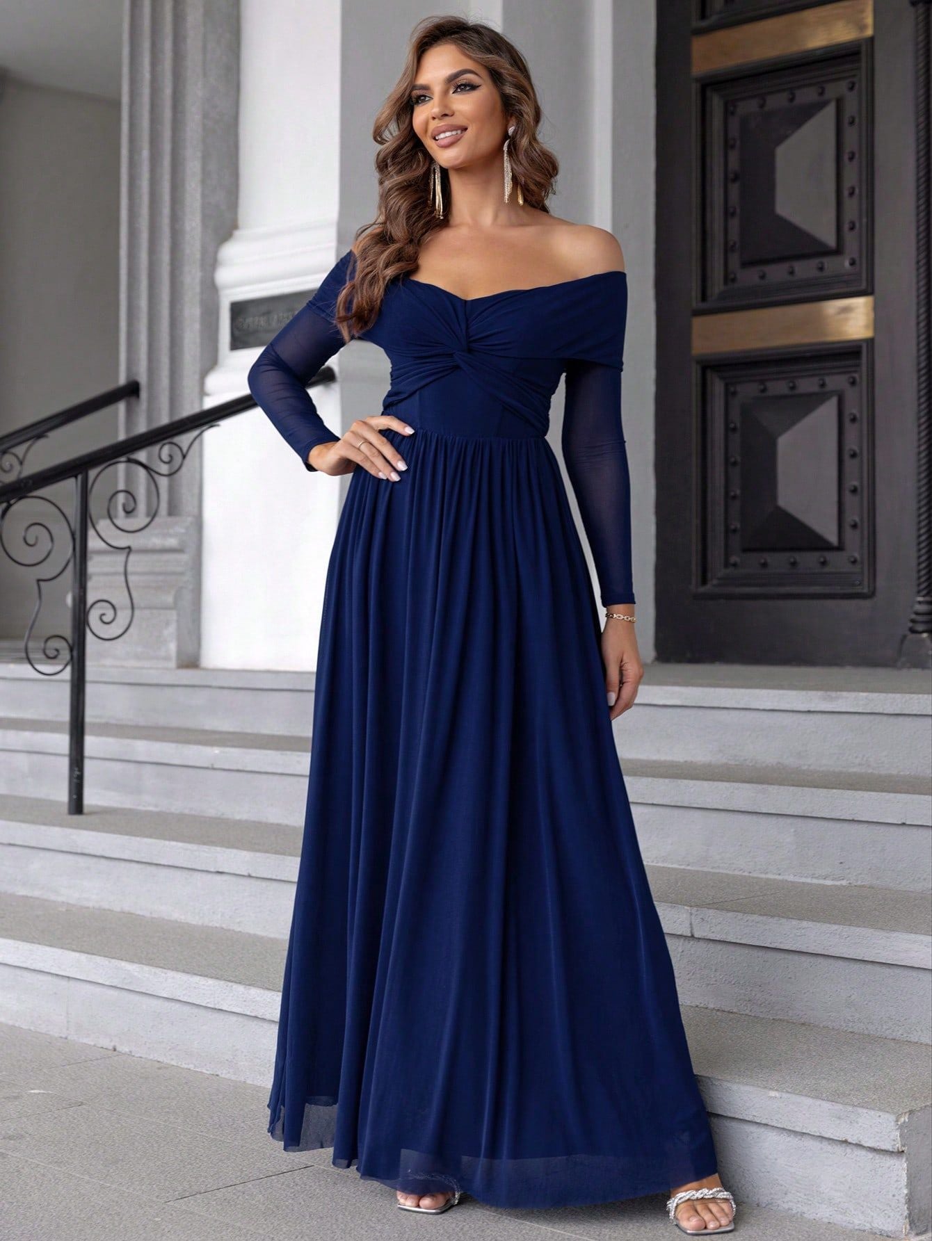Royal Blue Off-Shoulder Mesh Maxi in - by Malbusaat