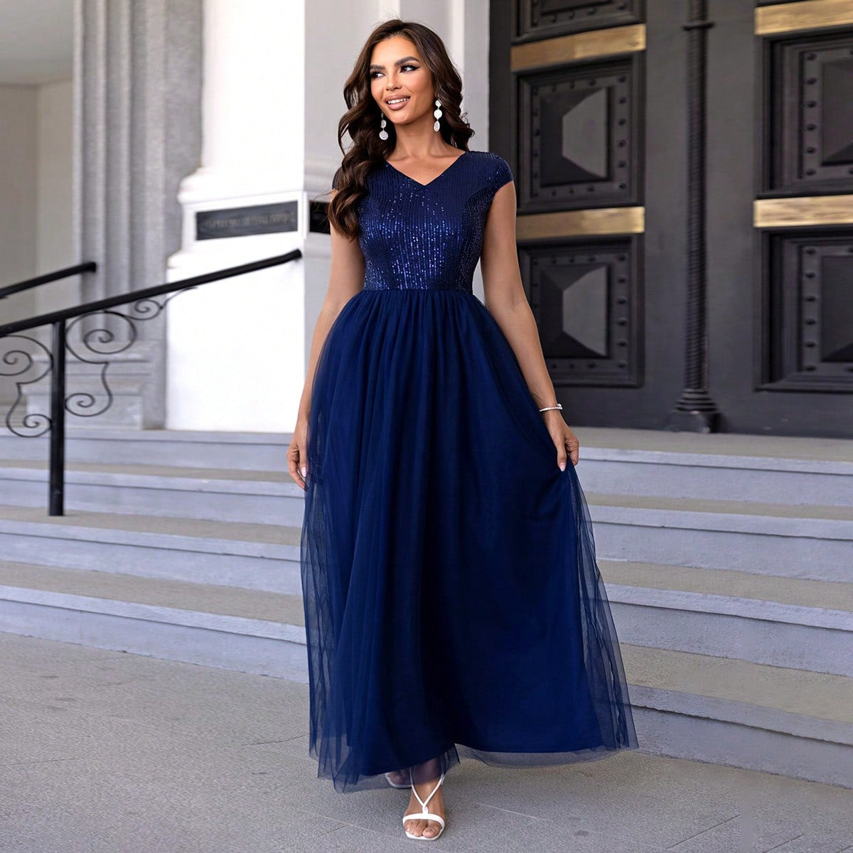 Dark Green Sequin Mesh Maxi in DarkBlue - by Malbusaat