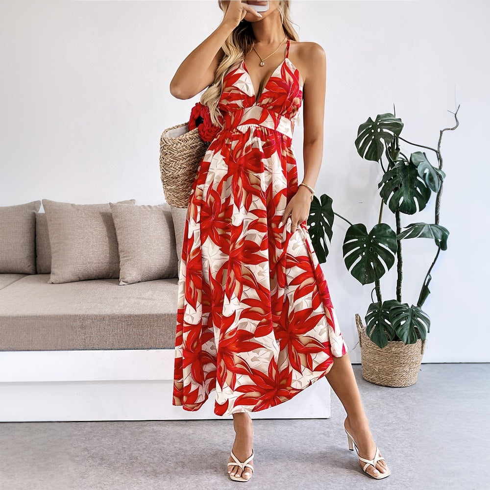 Maple Leaf Print Backless Maxi in Red - Dresses by Malbusaat