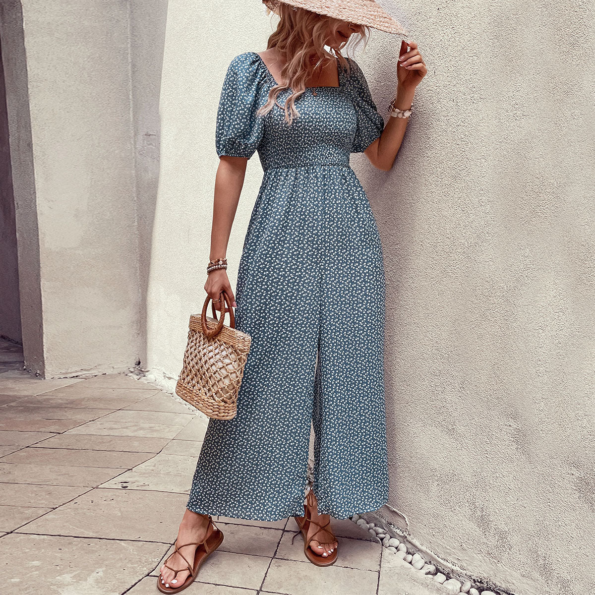 Floral Square Neck Smocked Jumpsuit in - by Malbusaat
