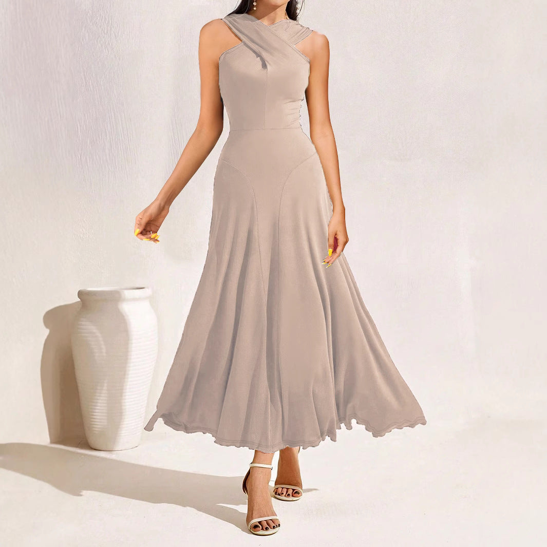 Cross Chest Sleeveless Maxi in Apricot - A line dress,Maxi Dress by Malbusaat