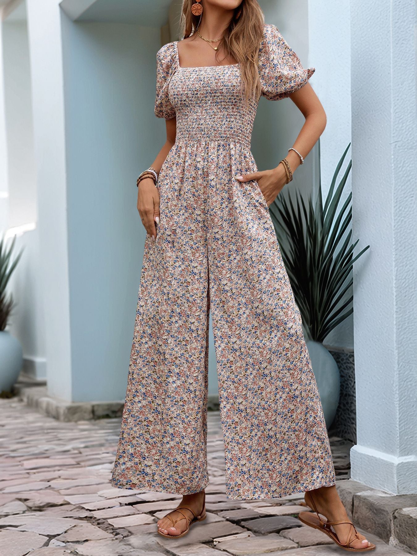 Slim Fit Printed Square Neck Jumpsuit in - by Malbusaat