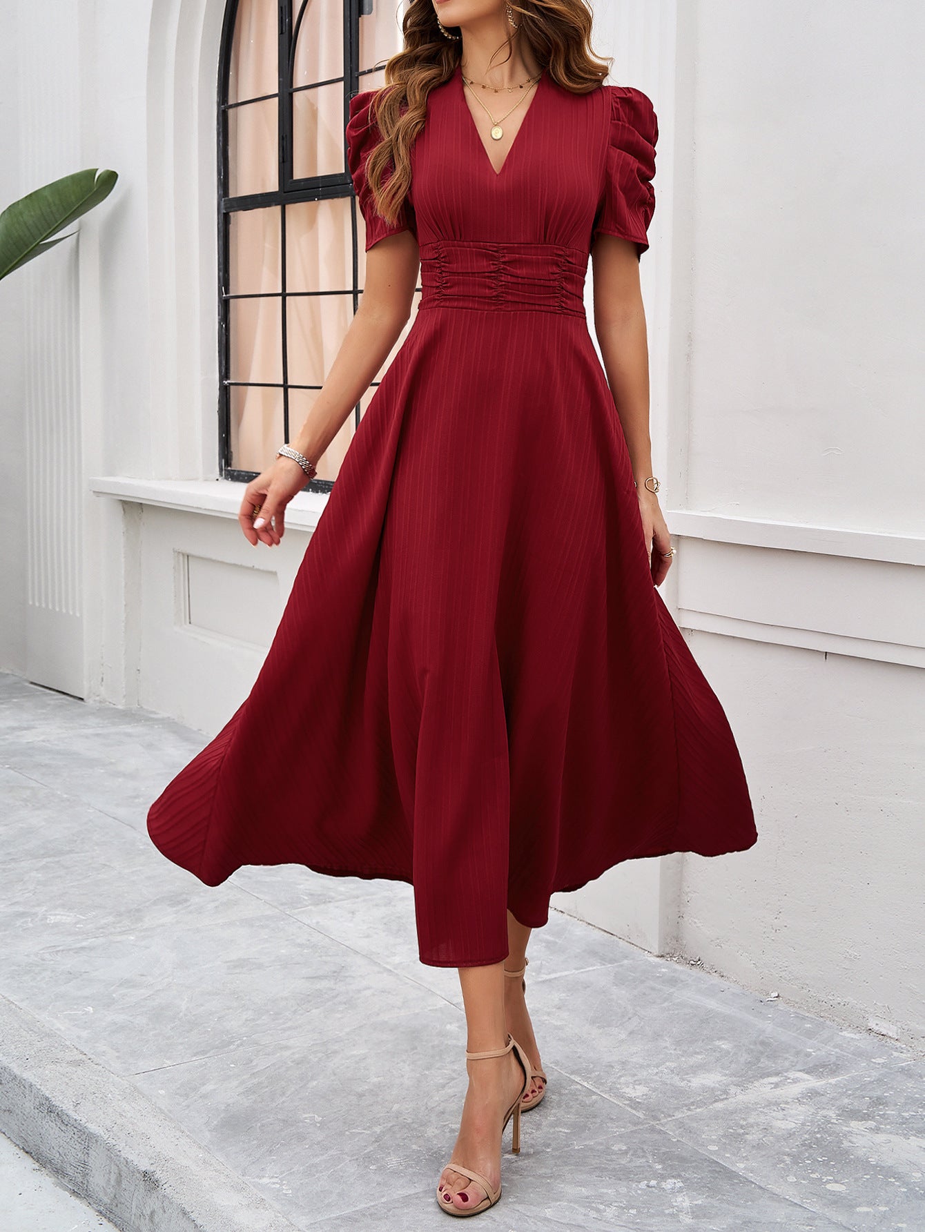 V Neck Short Sleeve High Waist Maxi in - by Malbusaat