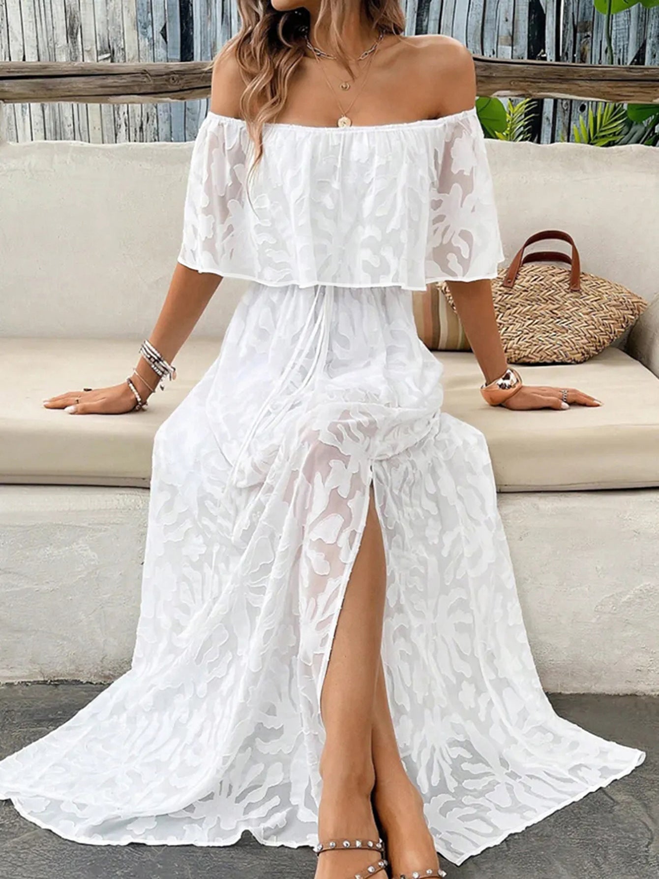 Elegant Off-Shoulder Split Long Jacquard Dress