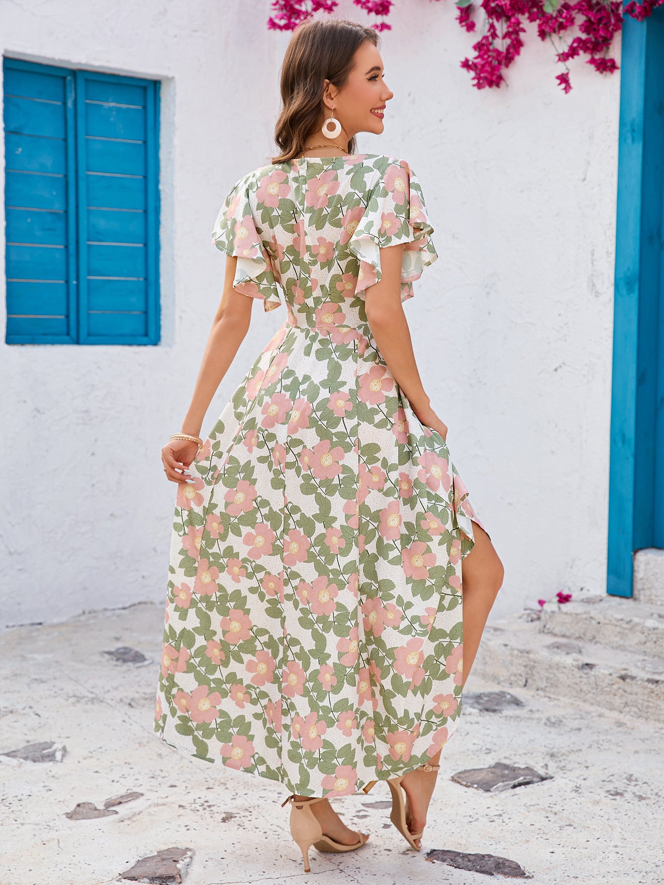 Ruffled V-Neck Short Sleeve Maxi