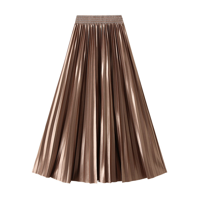 Glossy High-Waist Pleated A-Line Skirt in One Size Gold - by Malbusaat