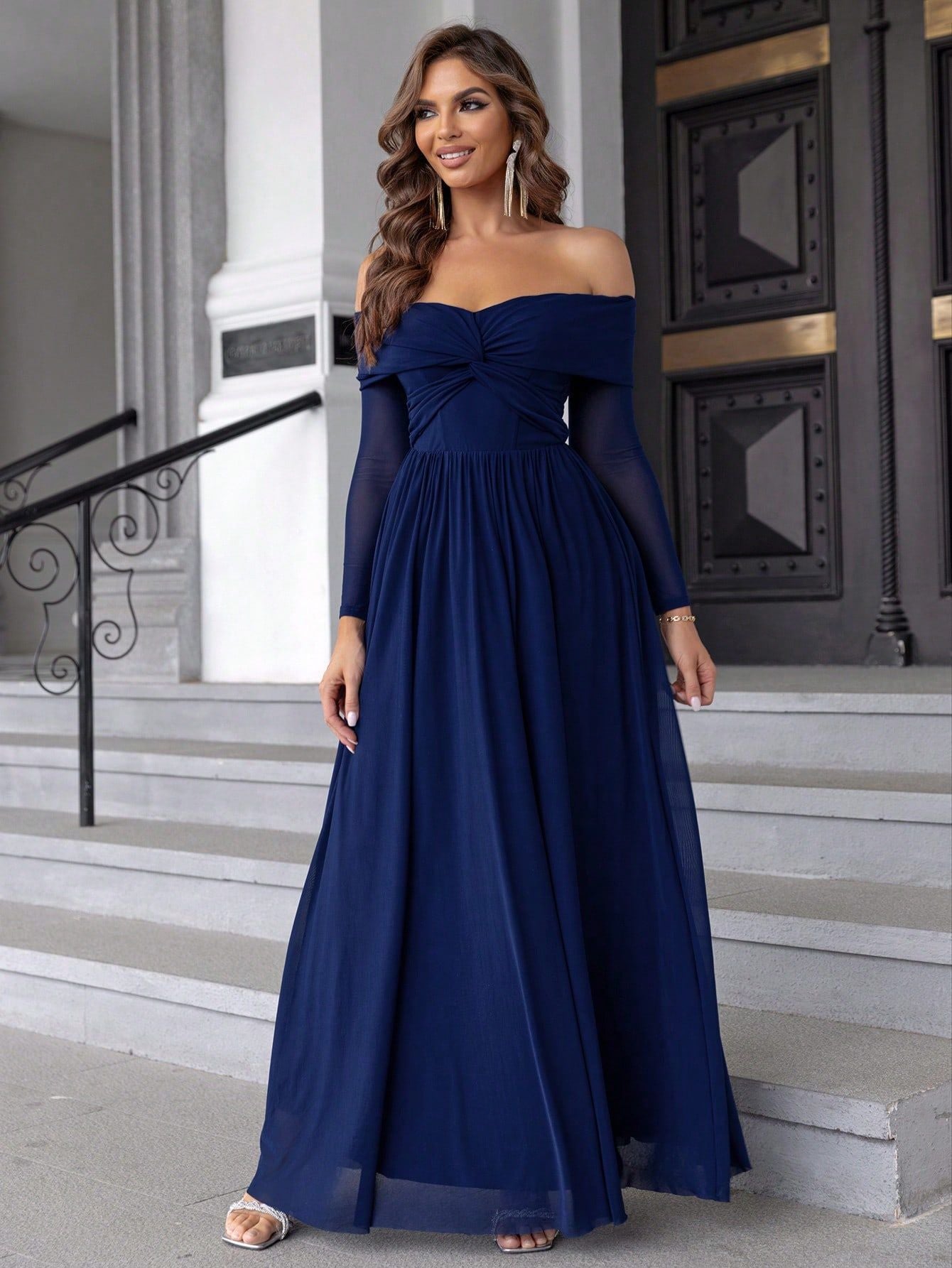 Royal Blue Off-Shoulder Mesh Maxi in - by Malbusaat